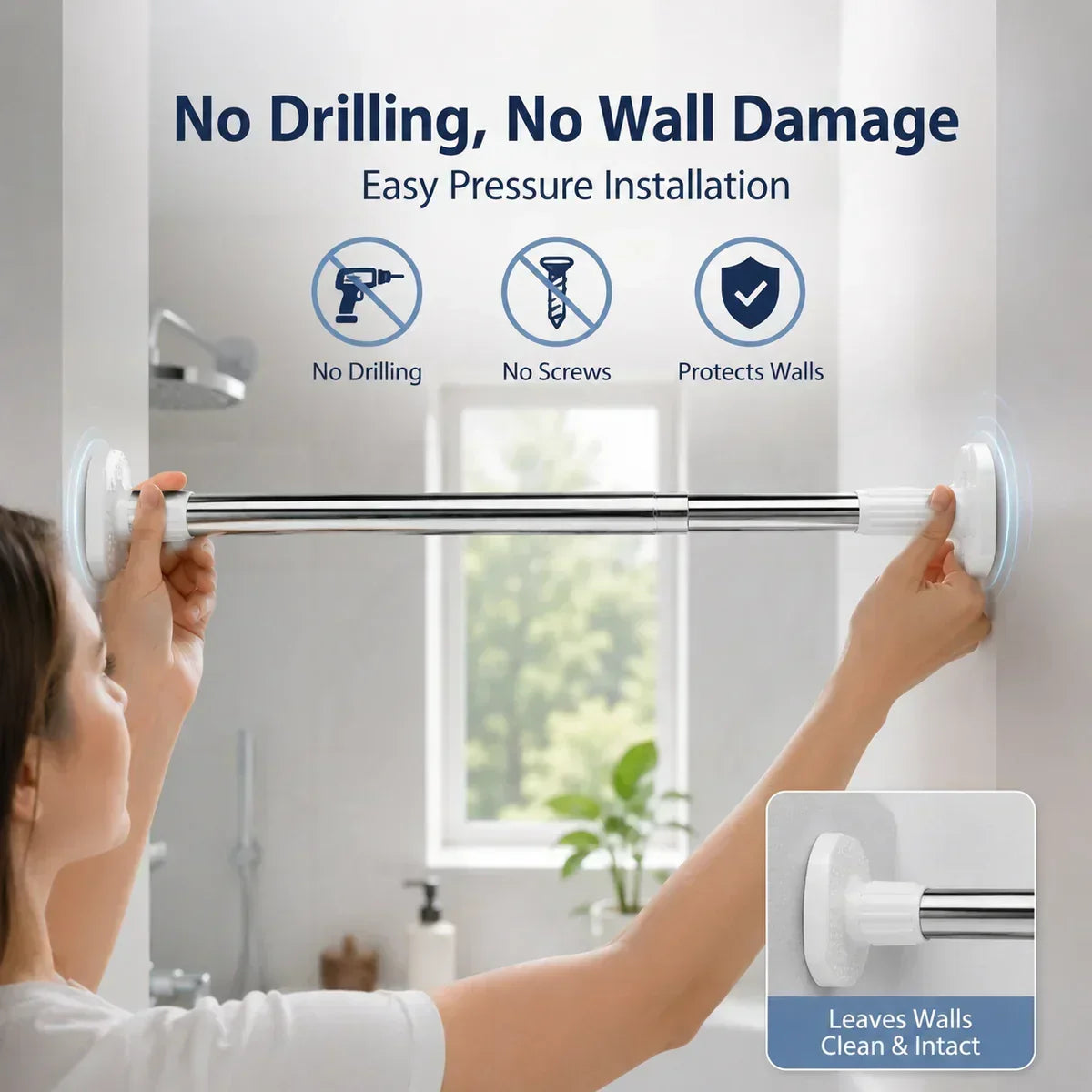 Adjustable Tension Curtain Rod, No-Drill Telescoping Spring Pole for Bathroom, Closet and Inside Window Frame, Expandable