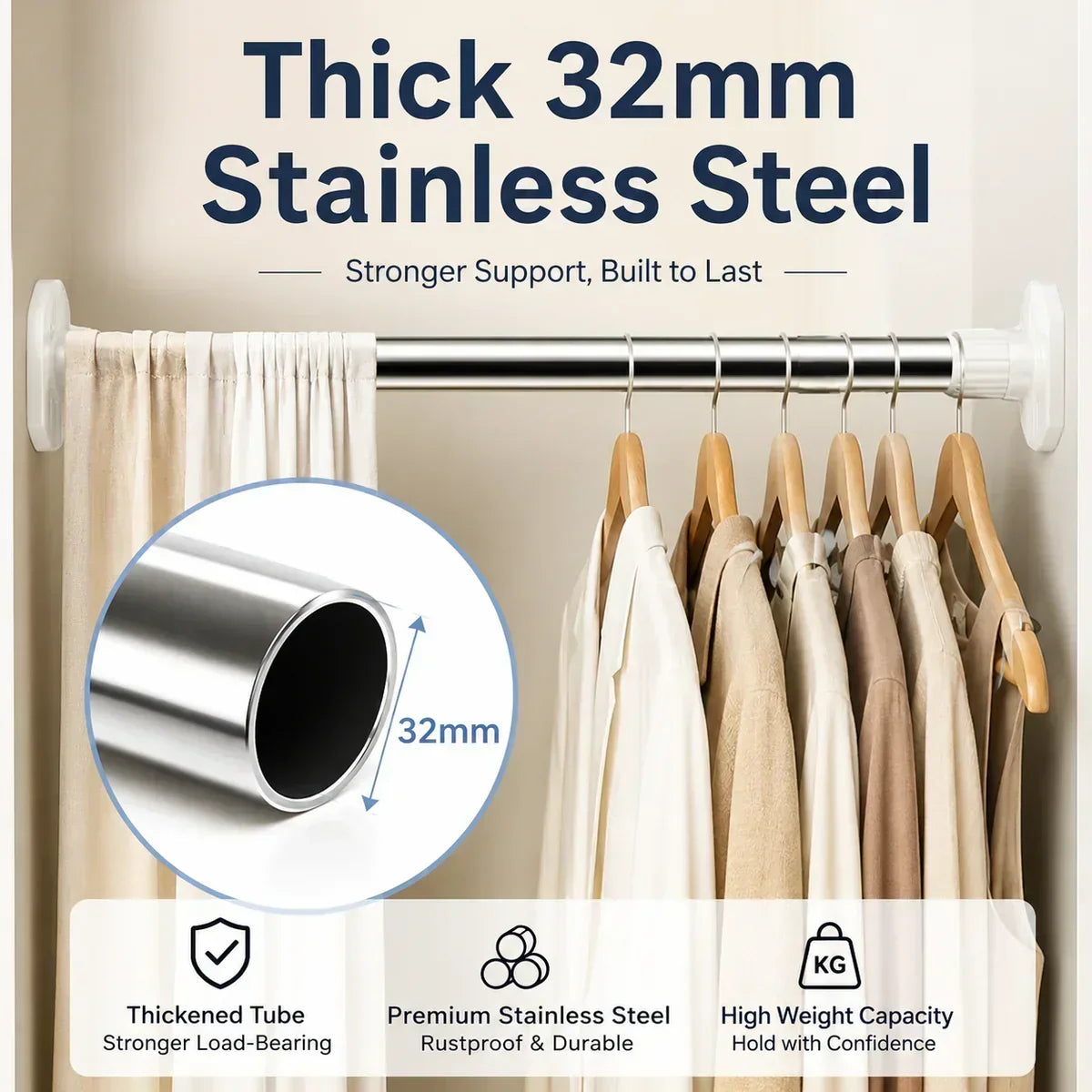 Adjustable Tension Curtain Rod, No-Drill Telescoping Spring Pole for Bathroom, Closet and Inside Window Frame, Expandable