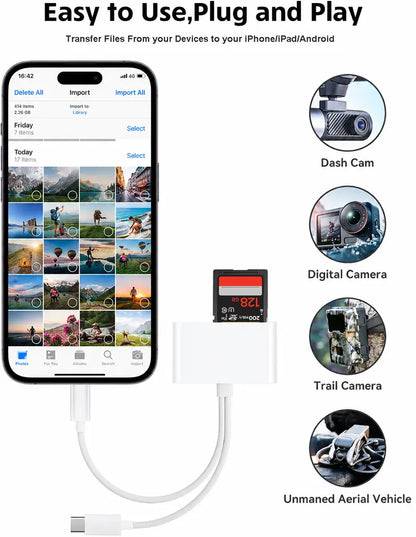 SD Card Reader for iPhone, iPad and Android, Camera Adapter, USB-C & Lightning
