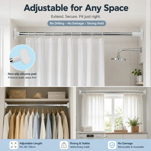 Adjustable Tension Curtain Rod, No-Drill Telescoping Spring Pole for Bathroom, Closet and Inside Window Frame, Expandable