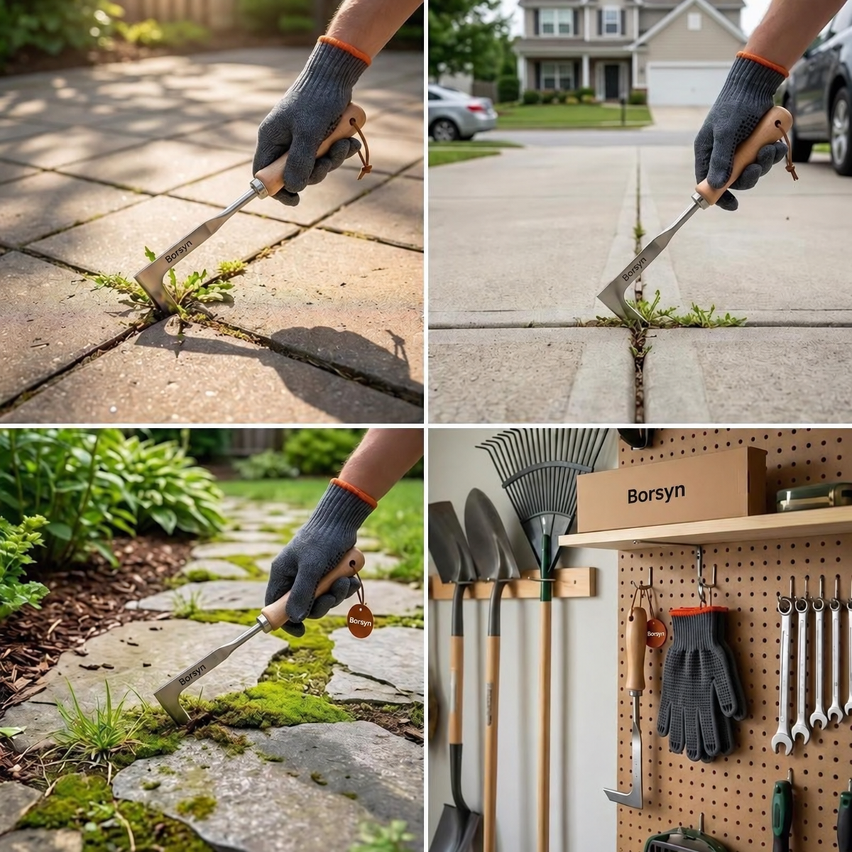 Borsyn 3-Edge Crack Weeder Set with Gloves – Stainless Steel Tool for Pavers & Drivewayss