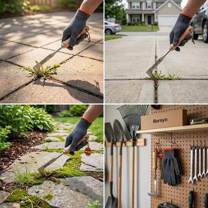 Borsyn 3-Edge Crack Weeder Set with Gloves – Stainless Steel Tool for Pavers & Drivewayss
