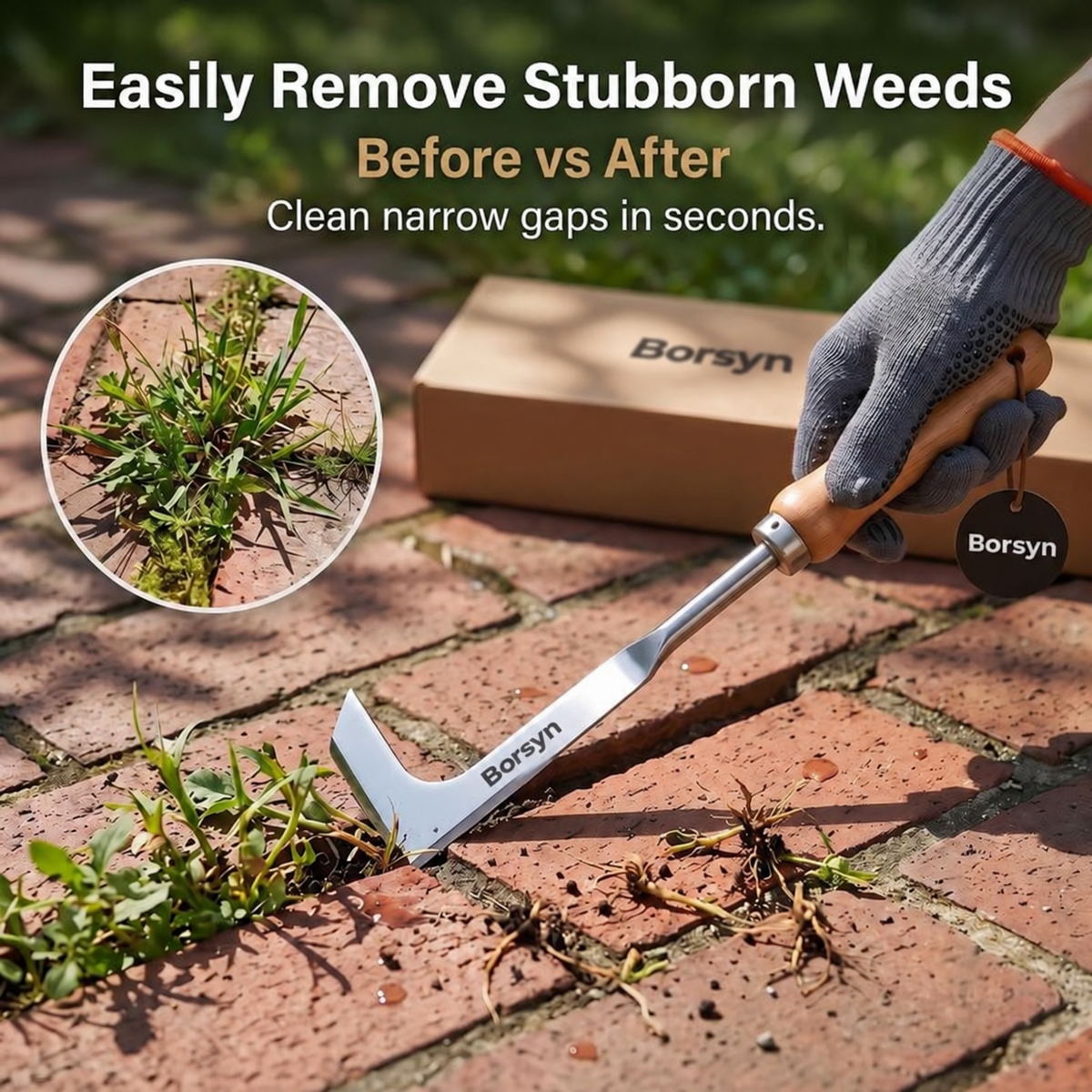 Borsyn 3-Edge Crack Weeder Set with Gloves – Stainless Steel Tool for Pavers & Drivewayss