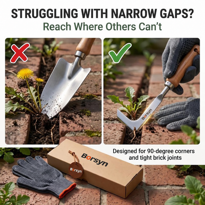 Borsyn 3-Edge Crack Weeder Set with Gloves – Stainless Steel Tool for Pavers & Drivewayss