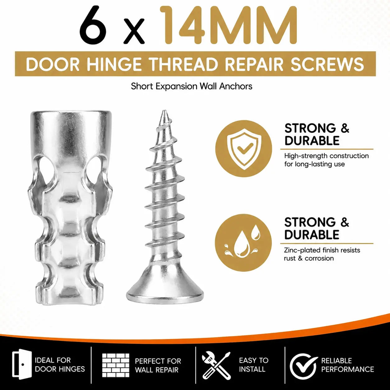 High Strength 6x14mm Hinge Repair Screws & 60-Pack Short Wall Anchors, Stripped Thread Fixer for Cabinet & Tile Mounting, Ideal for Home Users, Father's Day Gift