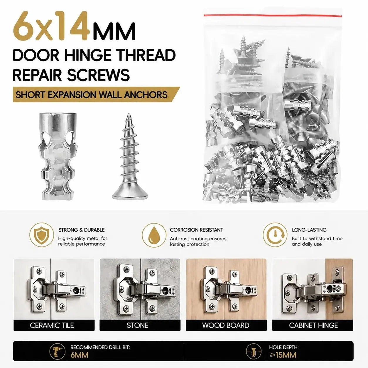 High Strength 6x14mm Hinge Repair Screws & 60-Pack Short Wall Anchors, Stripped Thread Fixer for Cabinet & Tile Mounting, Ideal for Home Users, Father's Day Gift