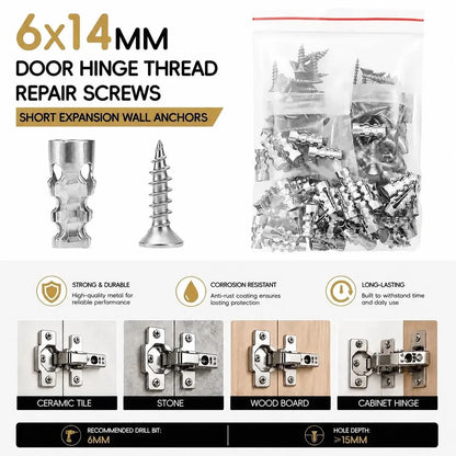 High Strength 6x14mm Hinge Repair Screws & 60-Pack Short Wall Anchors, Stripped Thread Fixer for Cabinet & Tile Mounting, Ideal for Home Users, Father's Day Gift