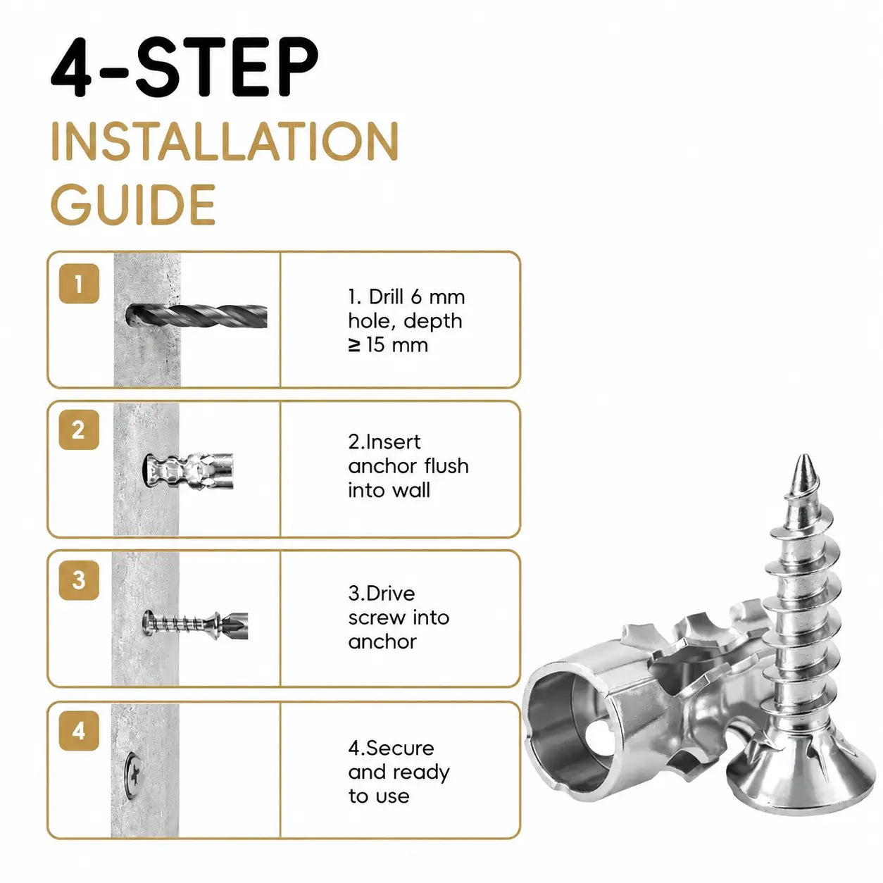 High Strength 6x14mm Hinge Repair Screws & 60-Pack Short Wall Anchors, Stripped Thread Fixer for Cabinet & Tile Mounting, Ideal for Home Users, Father's Day Gift