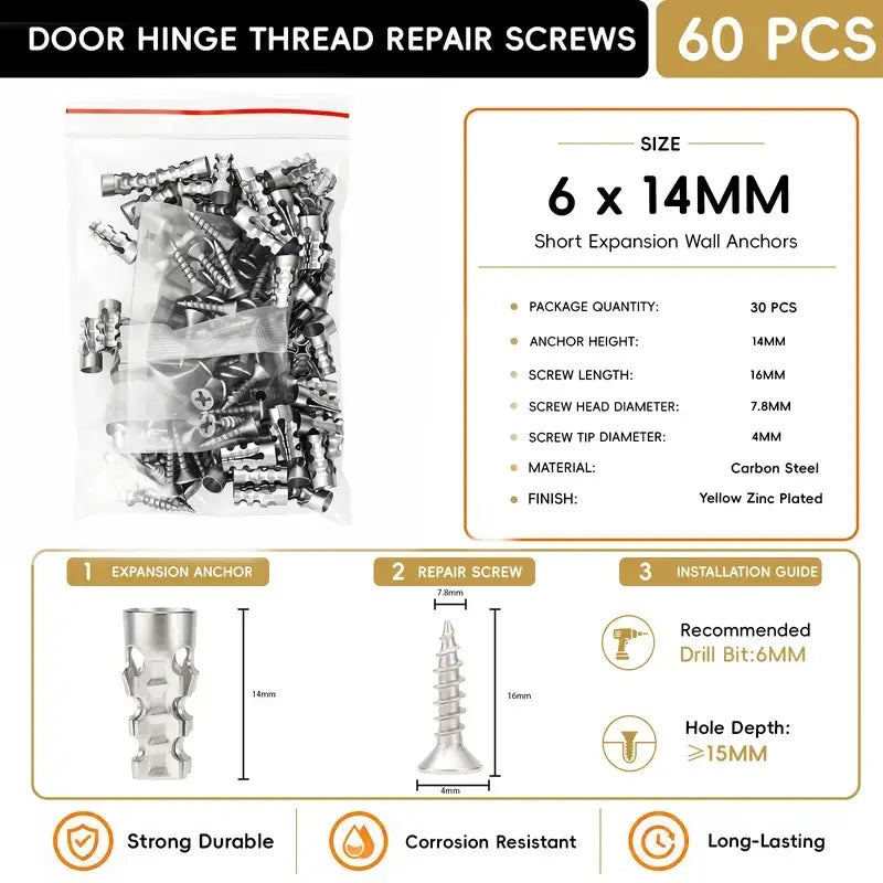 High Strength 6x14mm Hinge Repair Screws & 60-Pack Short Wall Anchors, Stripped Thread Fixer for Cabinet & Tile Mounting, Ideal for Home Users, Father's Day Gift
