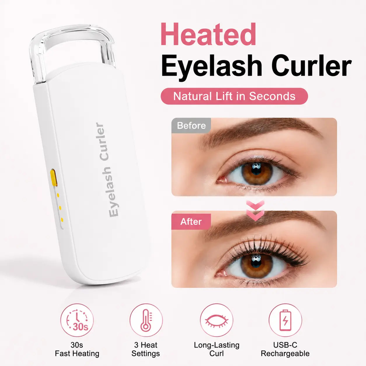 Thermal Eyelash Curler – USB Rechargeable with Thermo-sensitive Silicone Pad Fast Curling, Small Lifting Curler for Eyelashes – for Women, Girls, Home, Travel, Curly and Stylized