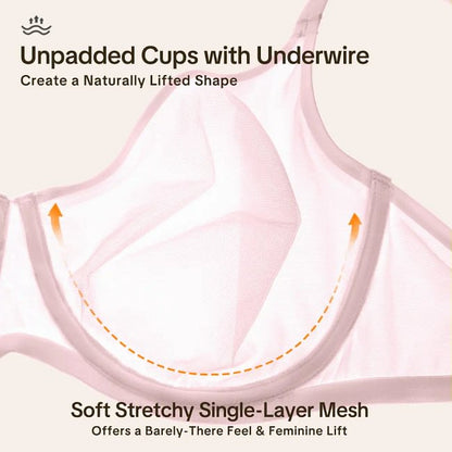 Air Light Breathable Sheer Mesh Halter Bra Plus Size Summer Unlined Full Coverage Bra Underwire Support Non Padded Bra Lightweight Convertible Multiway 5-Way Wear Front Adjustable Detachable Straps Comfort Everyday Womenswear