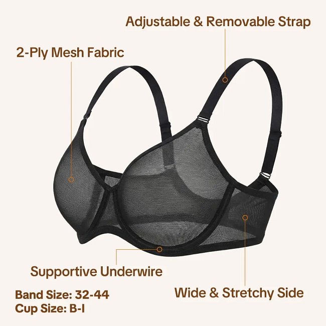 Air Light Breathable Sheer Mesh Halter Bra Plus Size Summer Unlined Full Coverage Bra Underwire Support Non Padded Bra Lightweight Convertible Multiway 5-Way Wear Front Adjustable Detachable Straps Comfort Everyday Womenswear