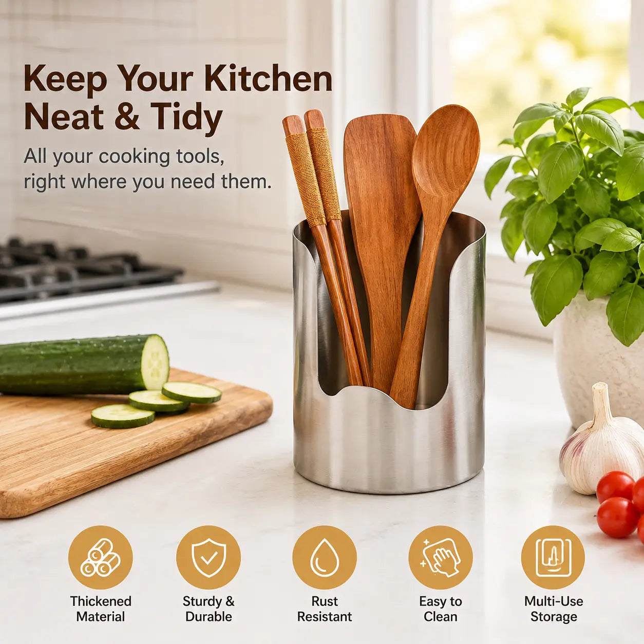 Thickened Stainless Steel Utensil Organizer, Rust Resistant Easy to Clean Multi-purpose Storage Holder for Kitchen Countertop
