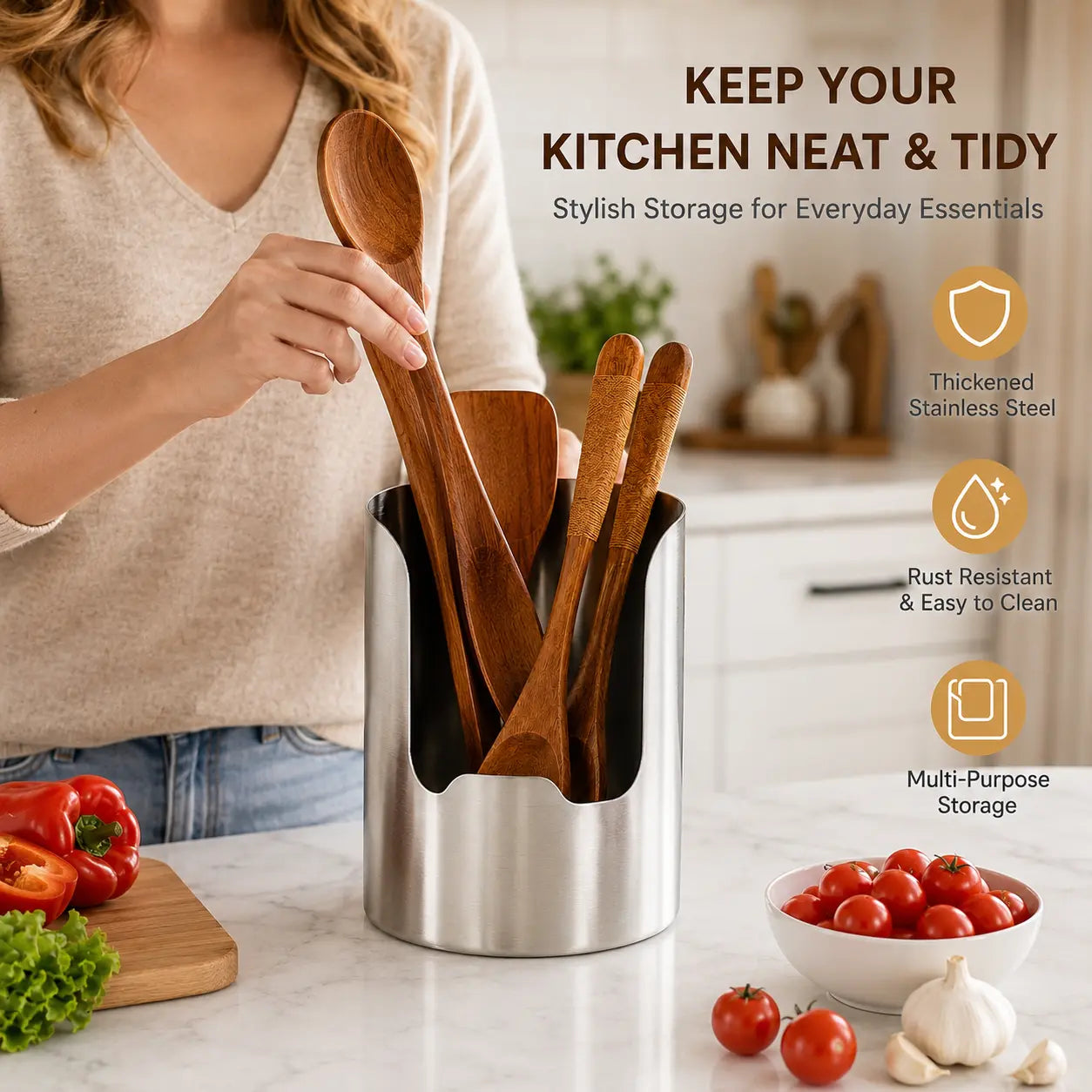 Thickened Stainless Steel Utensil Organizer, Rust Resistant Easy to Clean Multi-purpose Storage Holder for Kitchen Countertop